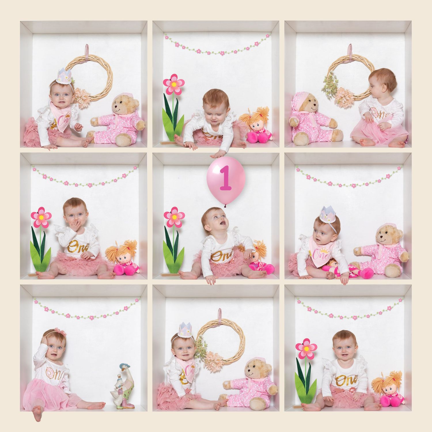 Collage of pink-themed baby photography setups featuring floral decorations, stuffed animals, and delicate props arranged in frames.