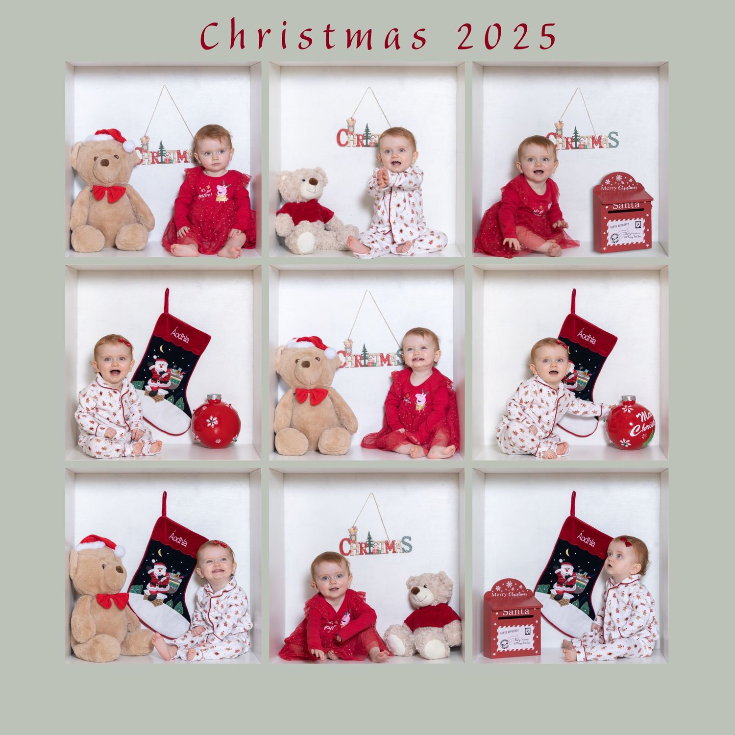 Photo collage showing Christmas themed baby portraits with teddy bears, stockings, and red ornaments arranged in nine squares.