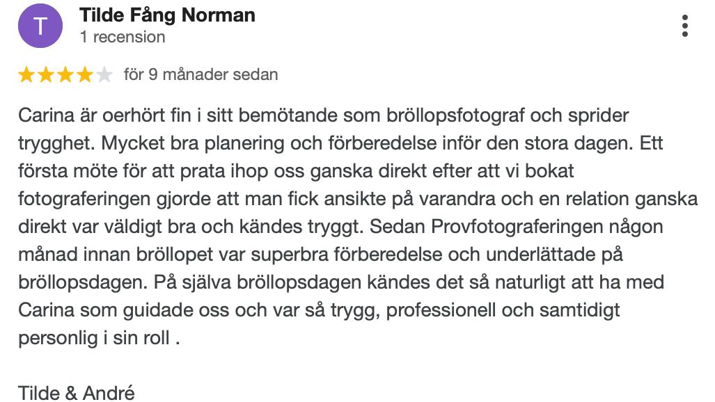 Social media review text displaying feedback in Swedish with star rating.