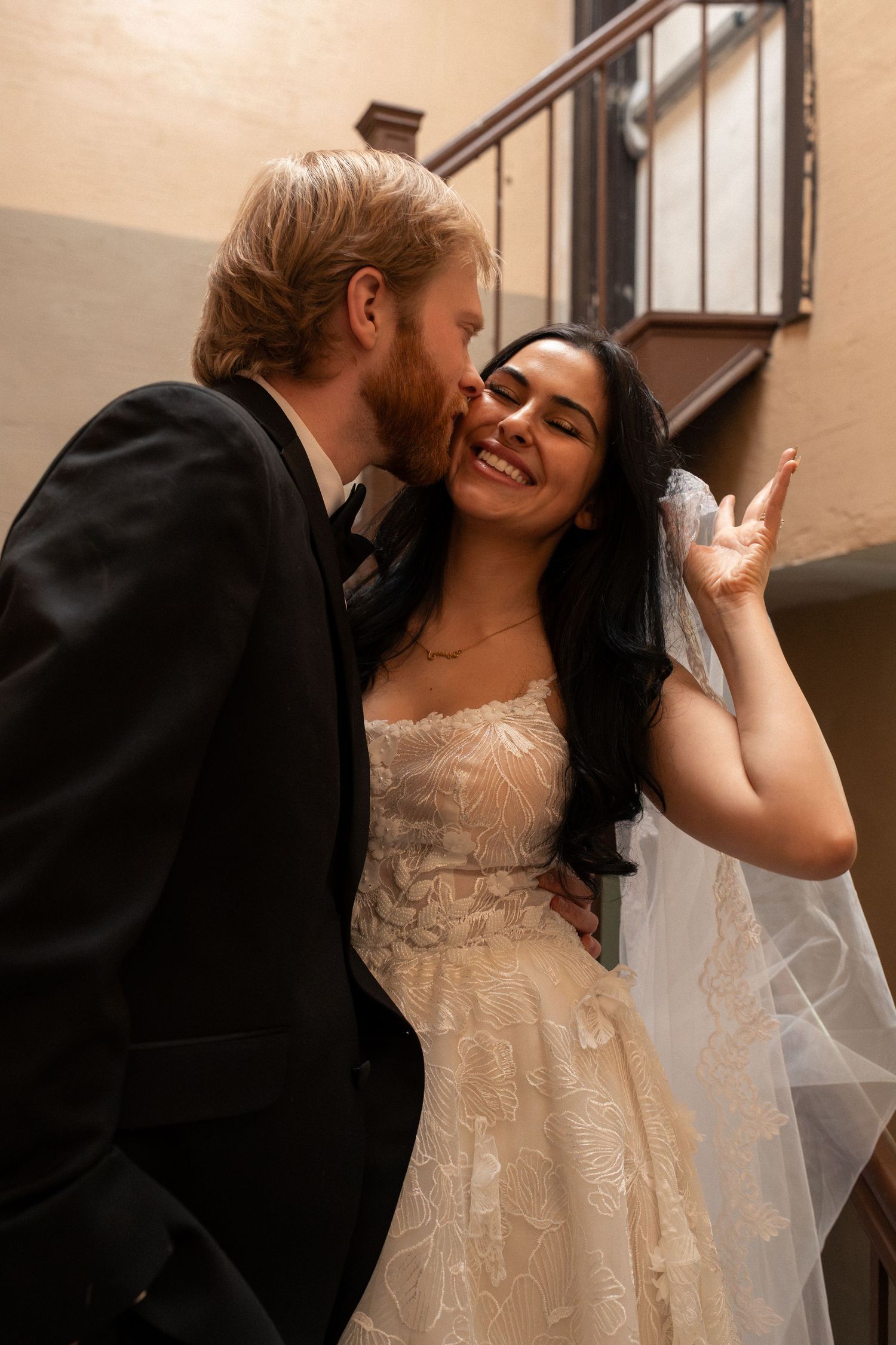Series of wedding photos showing tender moments between newlyweds near a staircase.