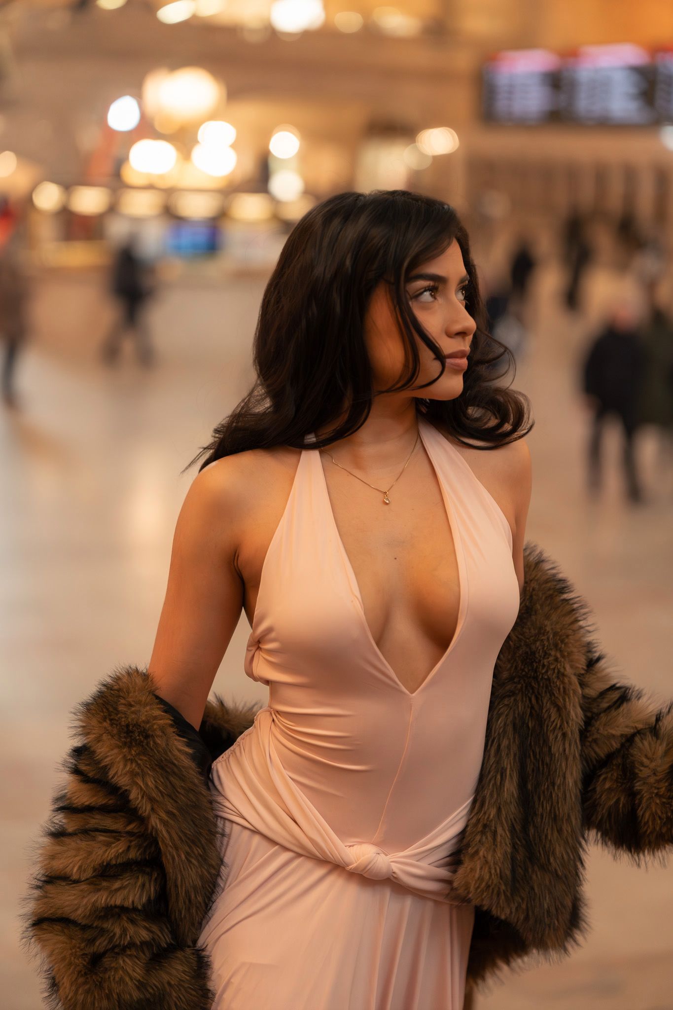 Fashion portraits showing a brown fur coat and pink dress against a blurred Grand Central Terminal background.