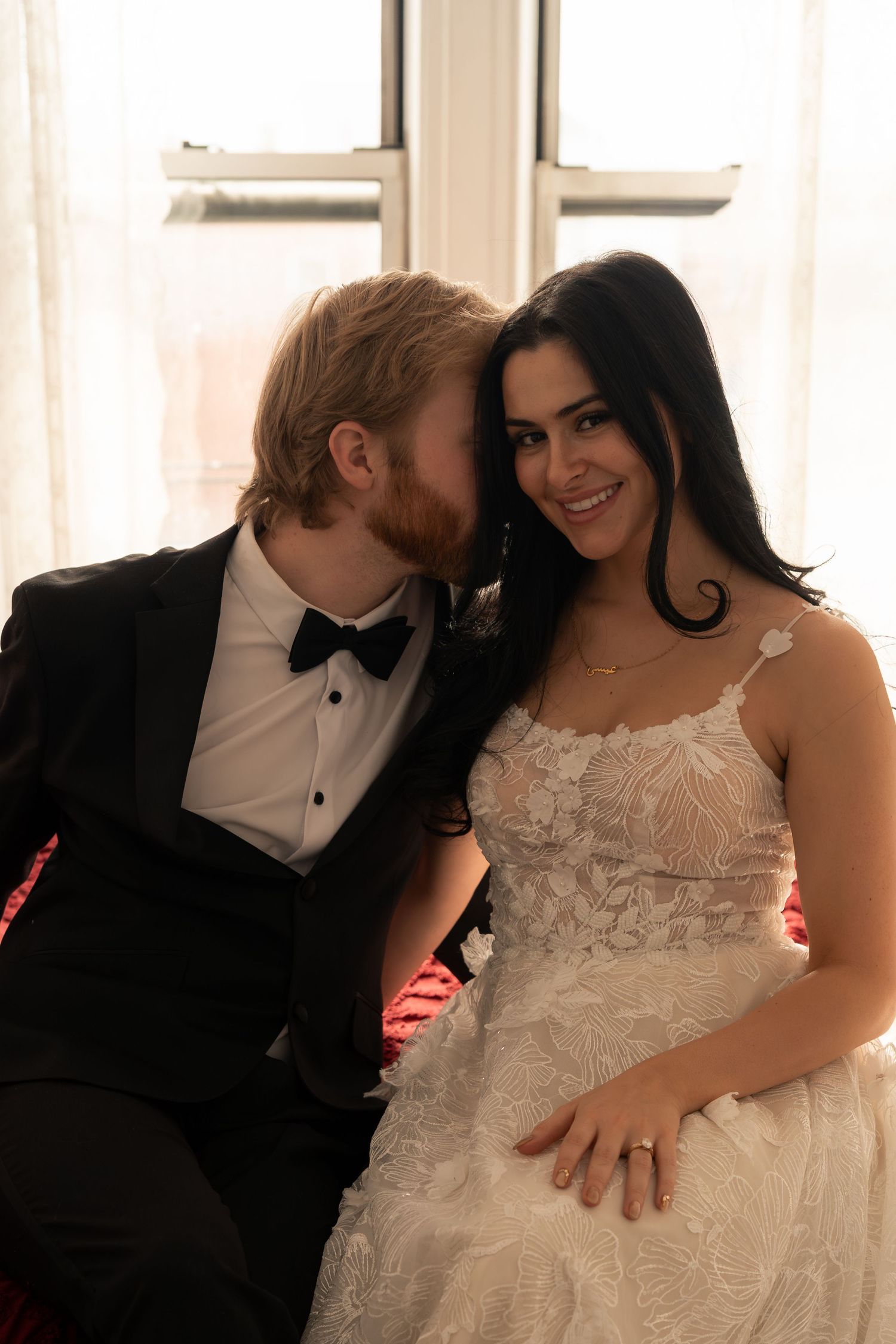 A romantic wedding photo series showing tender moments between a couple in formal attire.