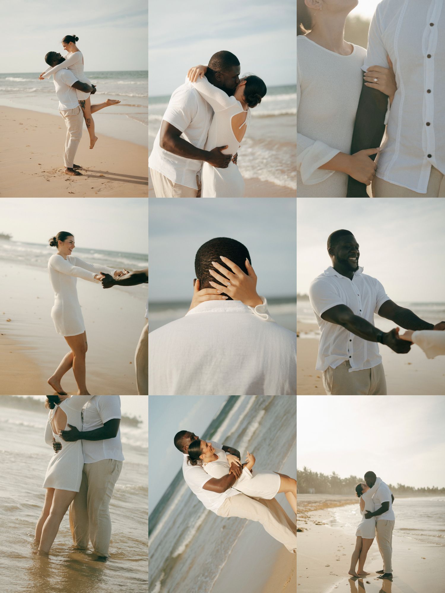 Romantic interracial couple sharing tender beach moments in matching white outfits, captured in a beautiful nine-photo collage.