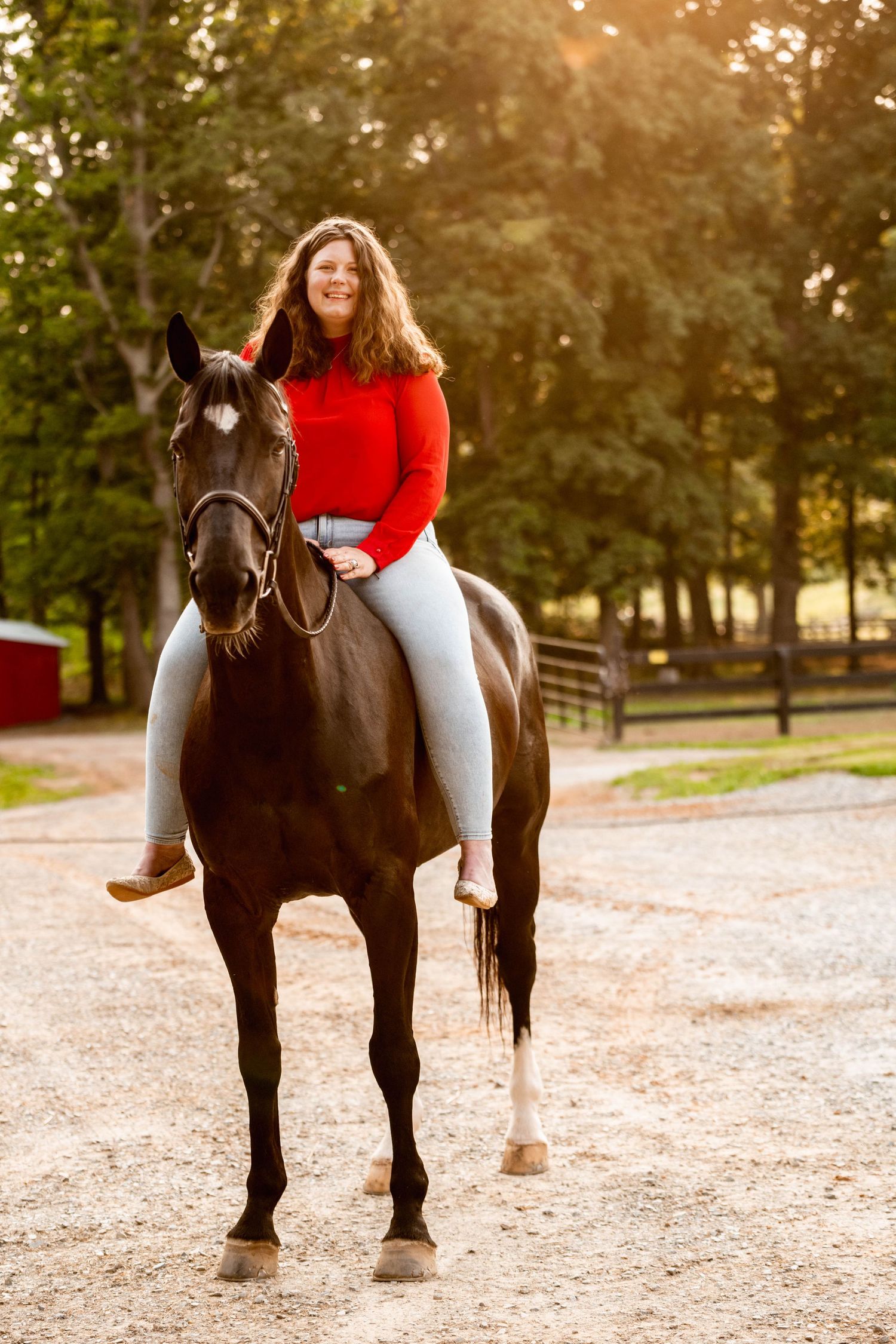 A rider in red sits atop a dark bay horse in a rustic farm setting at golden hour.