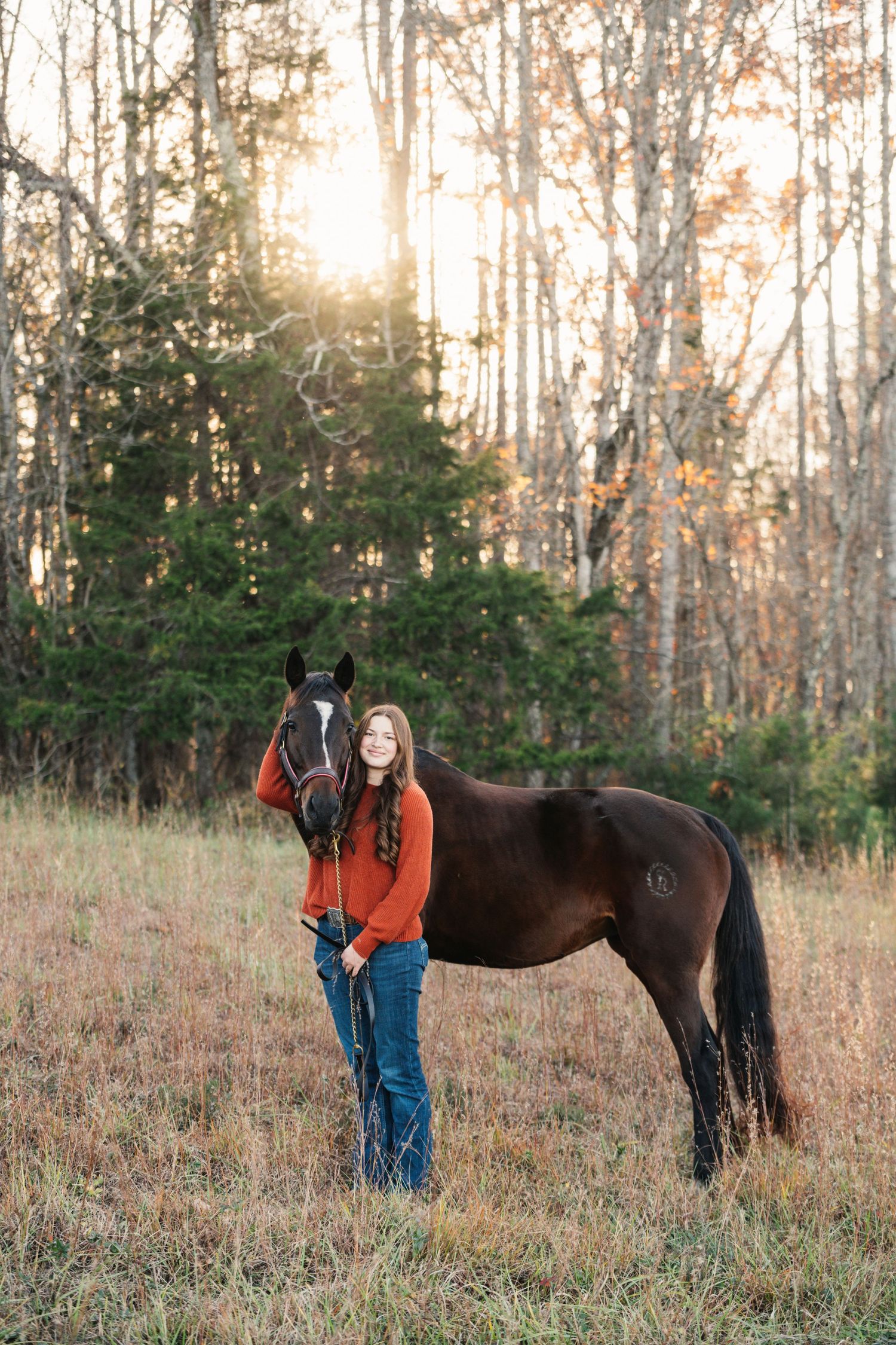 Dark bay horse and person in orange sweater pose together in a sunlit autumn field.