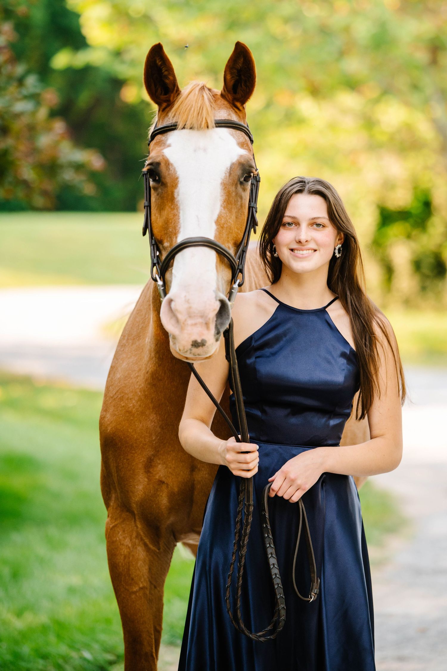 A chestnut horse with white blaze stands beside someone in a navy formal dress on a sunny path.