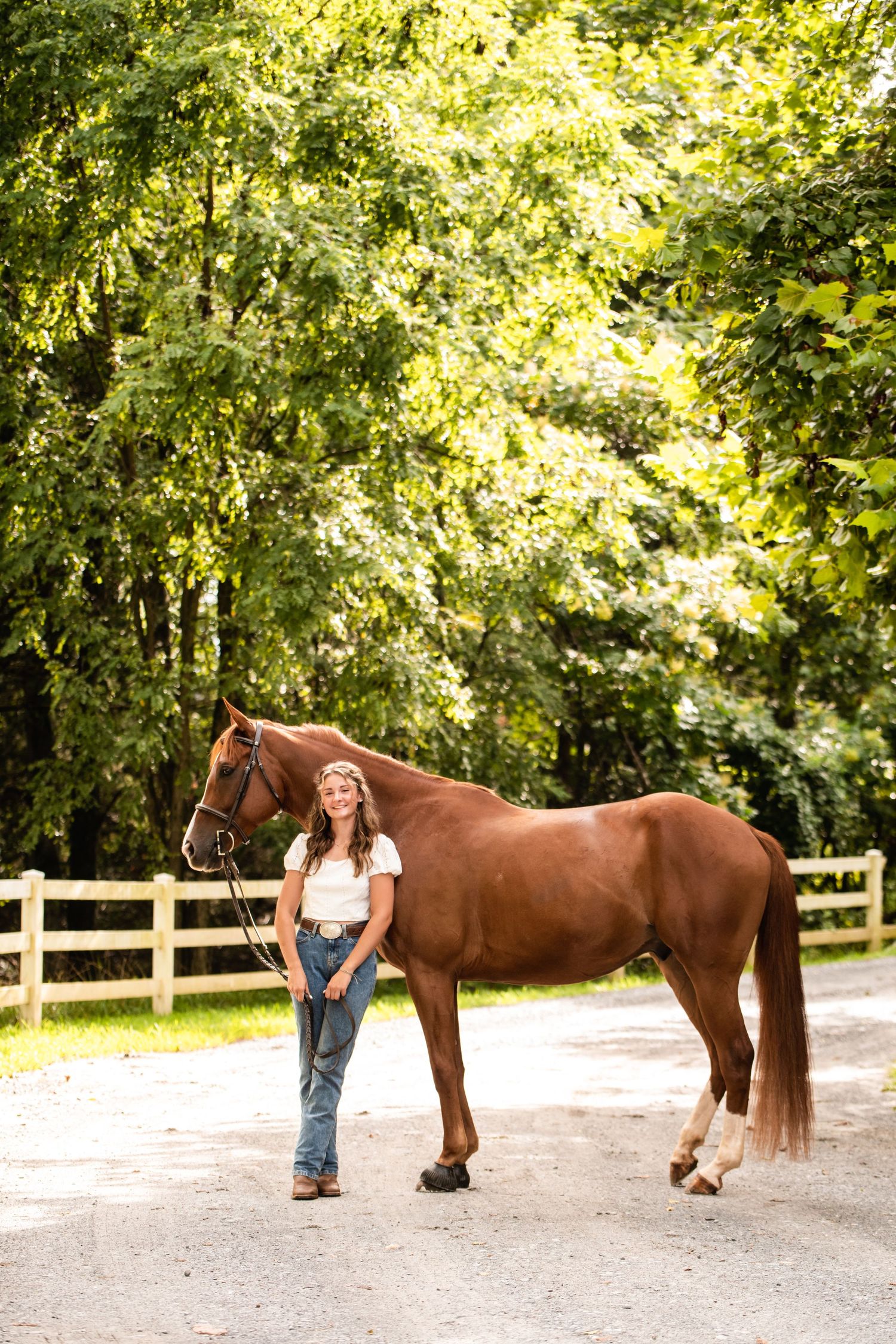 Person stands with their chestnut horse on a tree-lined gravel path near a white fence.