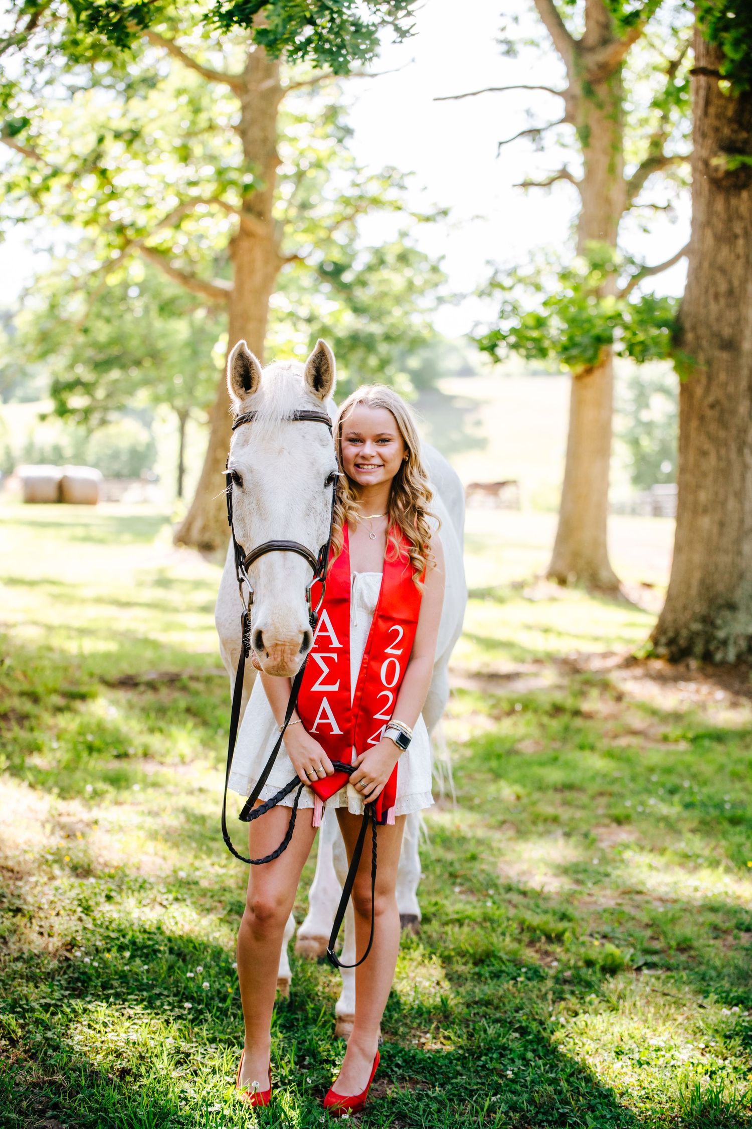 A beautiful white horse and person in red sash pose together under tall trees.