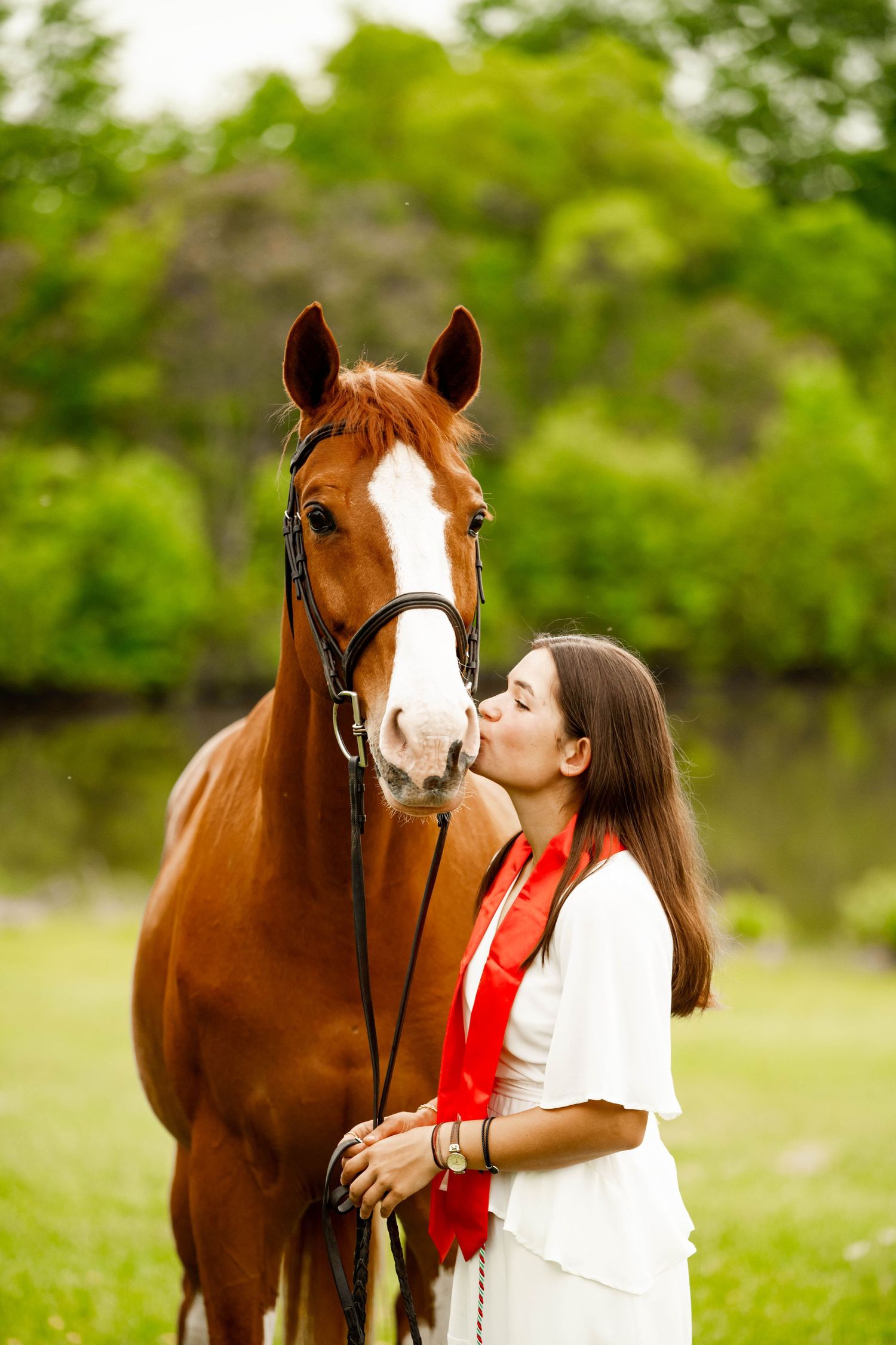 A beautiful chestnut horse receives affection from someone in graduation attire in a green outdoor setting.
