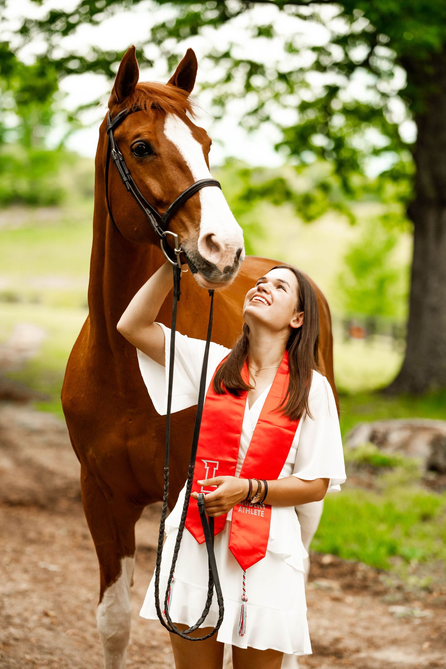A chestnut horse and someone in graduation attire share a happy moment on a wooded path.