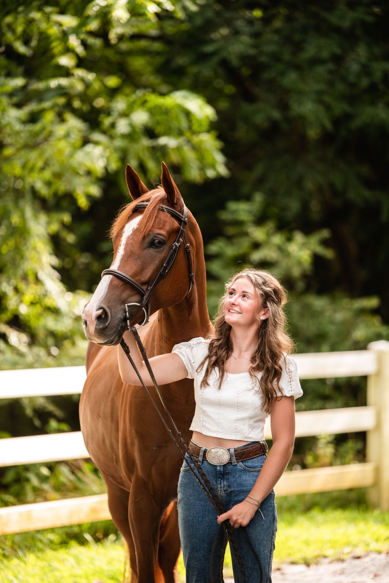 A beautiful chestnut horse stands next to its handler near a white fence on a sunny summer day.