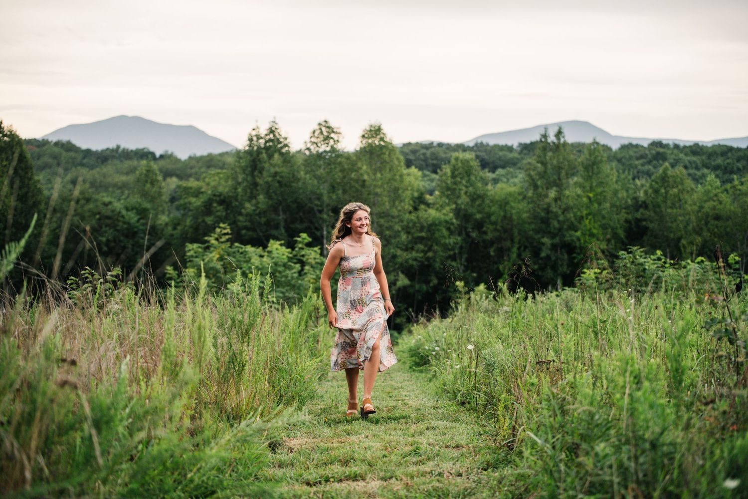 A peaceful stroll through a grassy mountain path during golden hour.