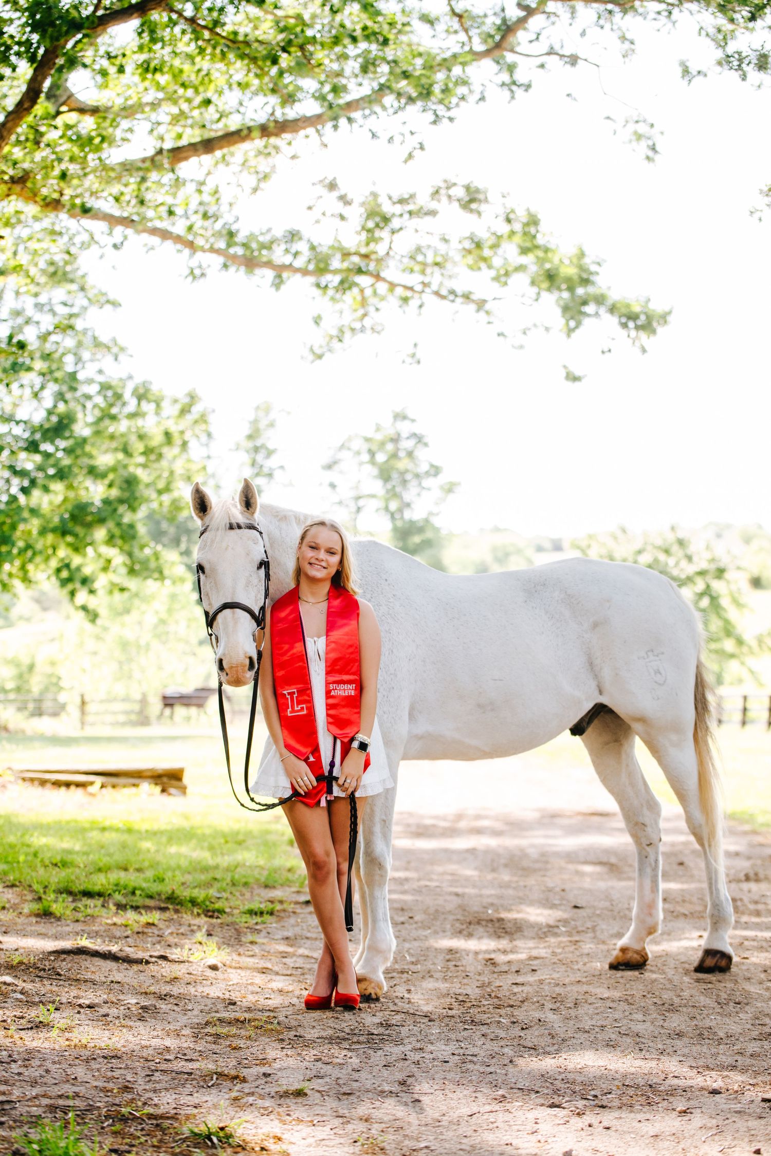 A white horse and person in red standing on a tree-lined path on a sunny day.