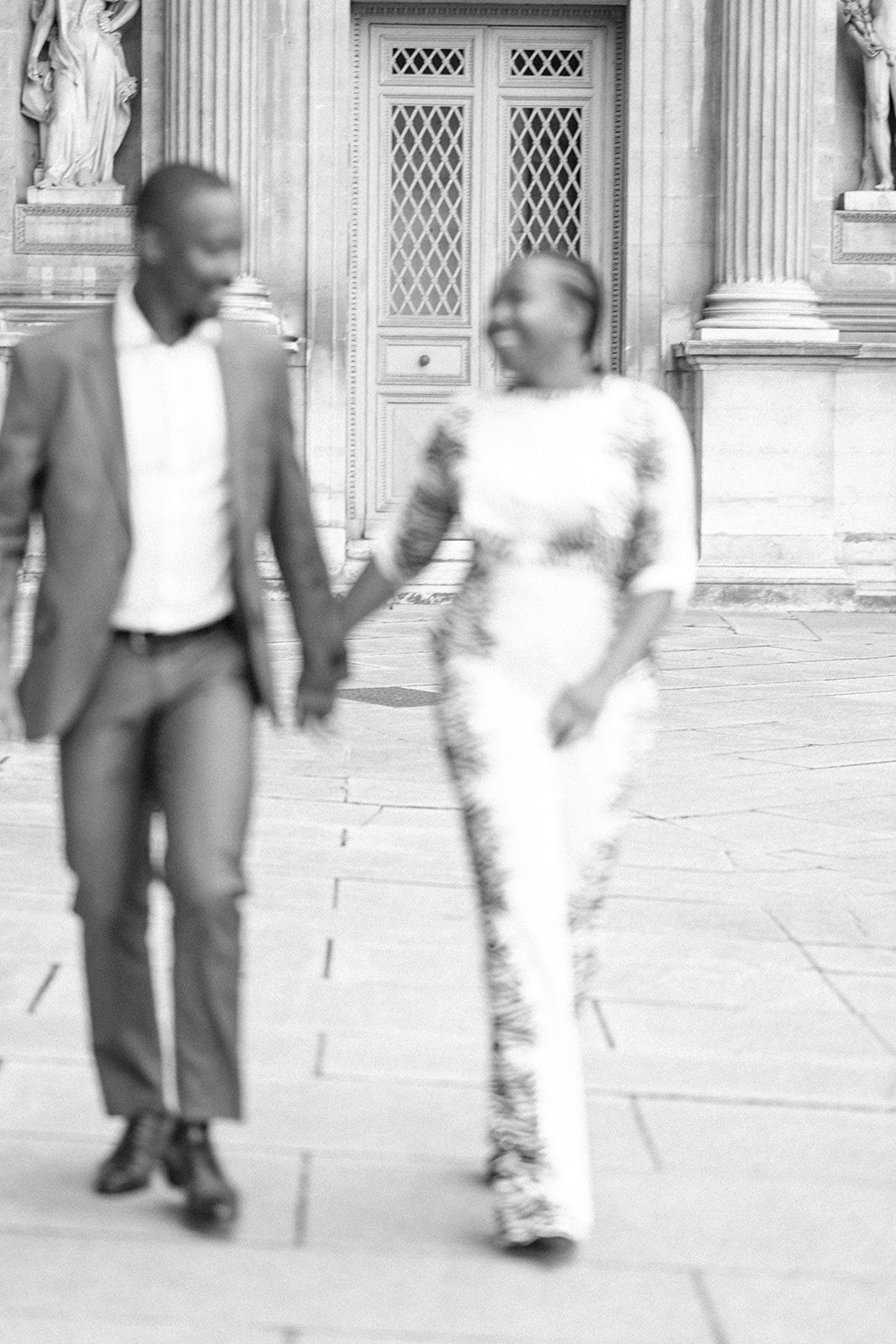 A series of candid walking shots showing two people in formal attire near a historic building.