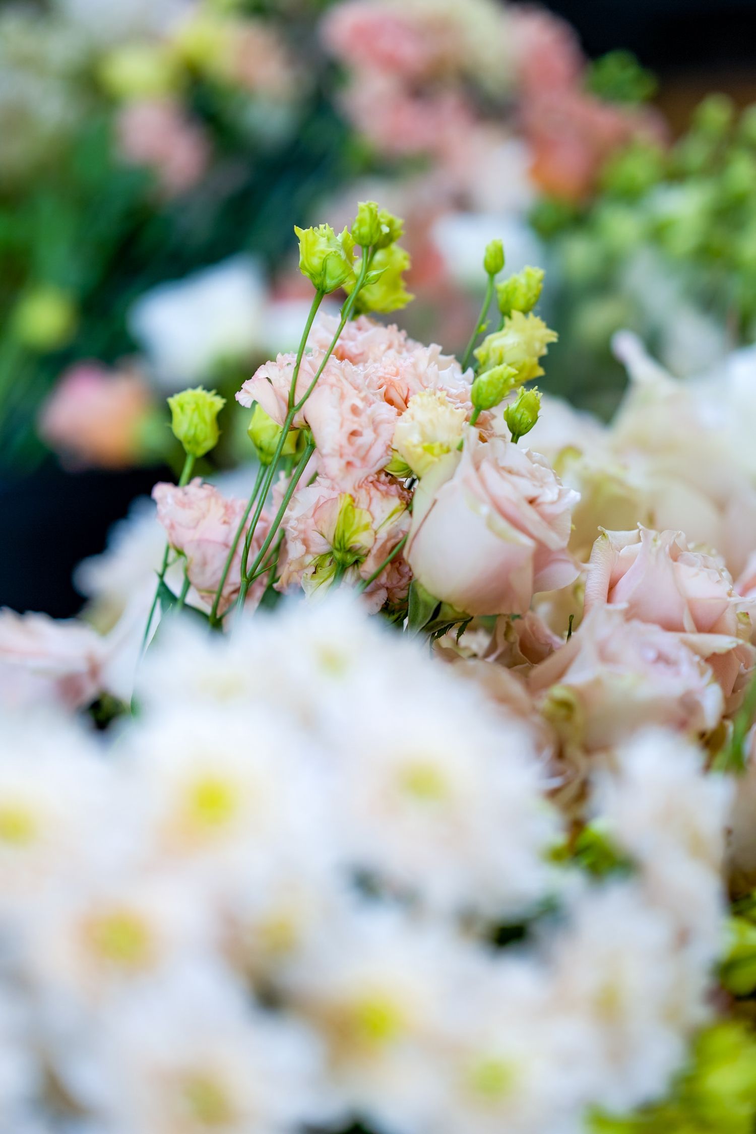 Delicate pink and white floral arrangement with roses and greenery in soft focus.