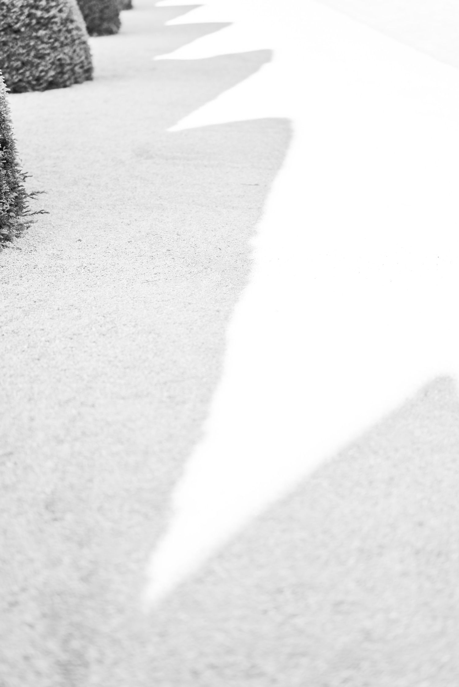 Abstract black and white shadows cast on textured ground surface.