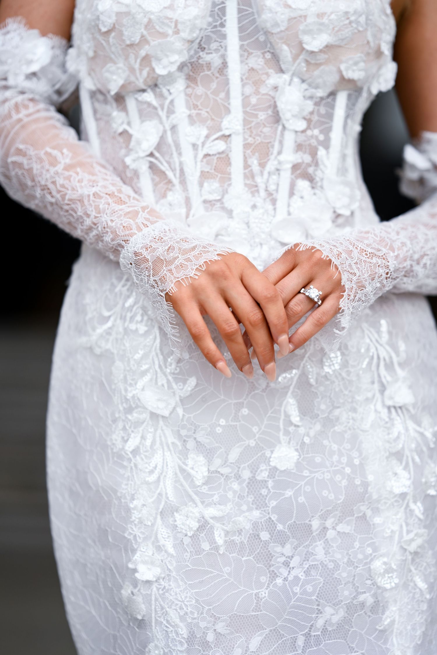 Details of an intricate white lace wedding dress with delicate floral patterns.