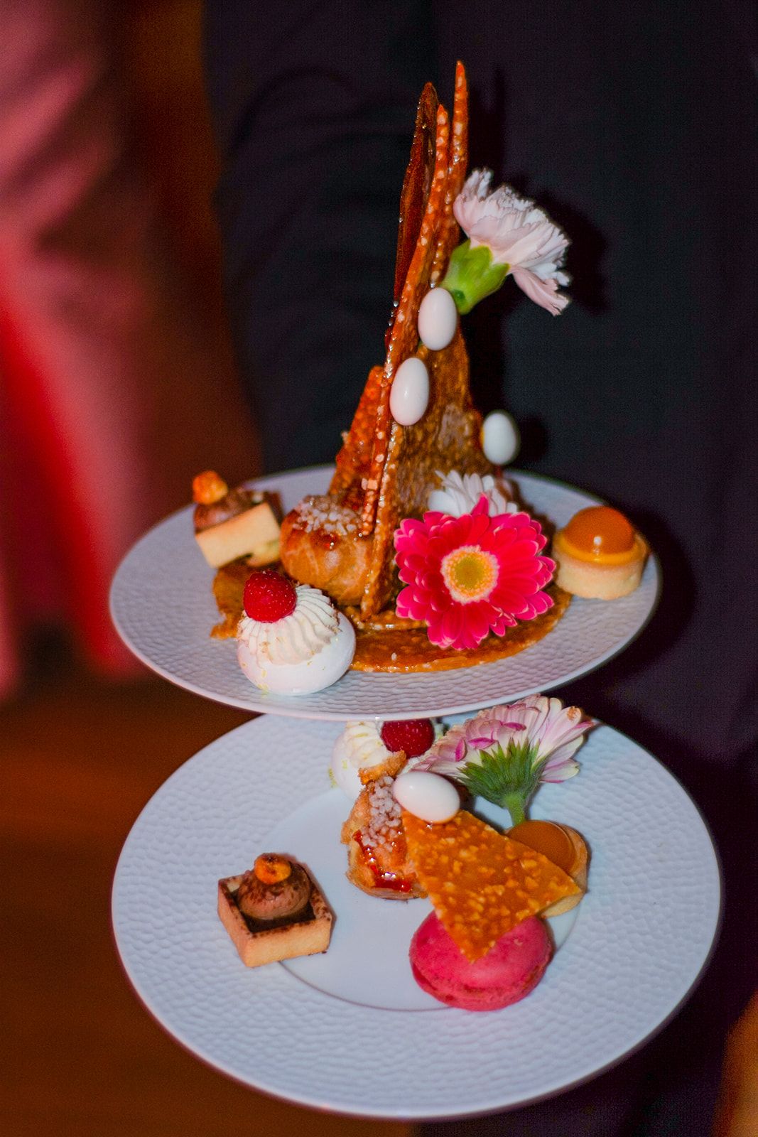 Artistic dessert plate featuring vibrant pink elements and decorative garnishes.