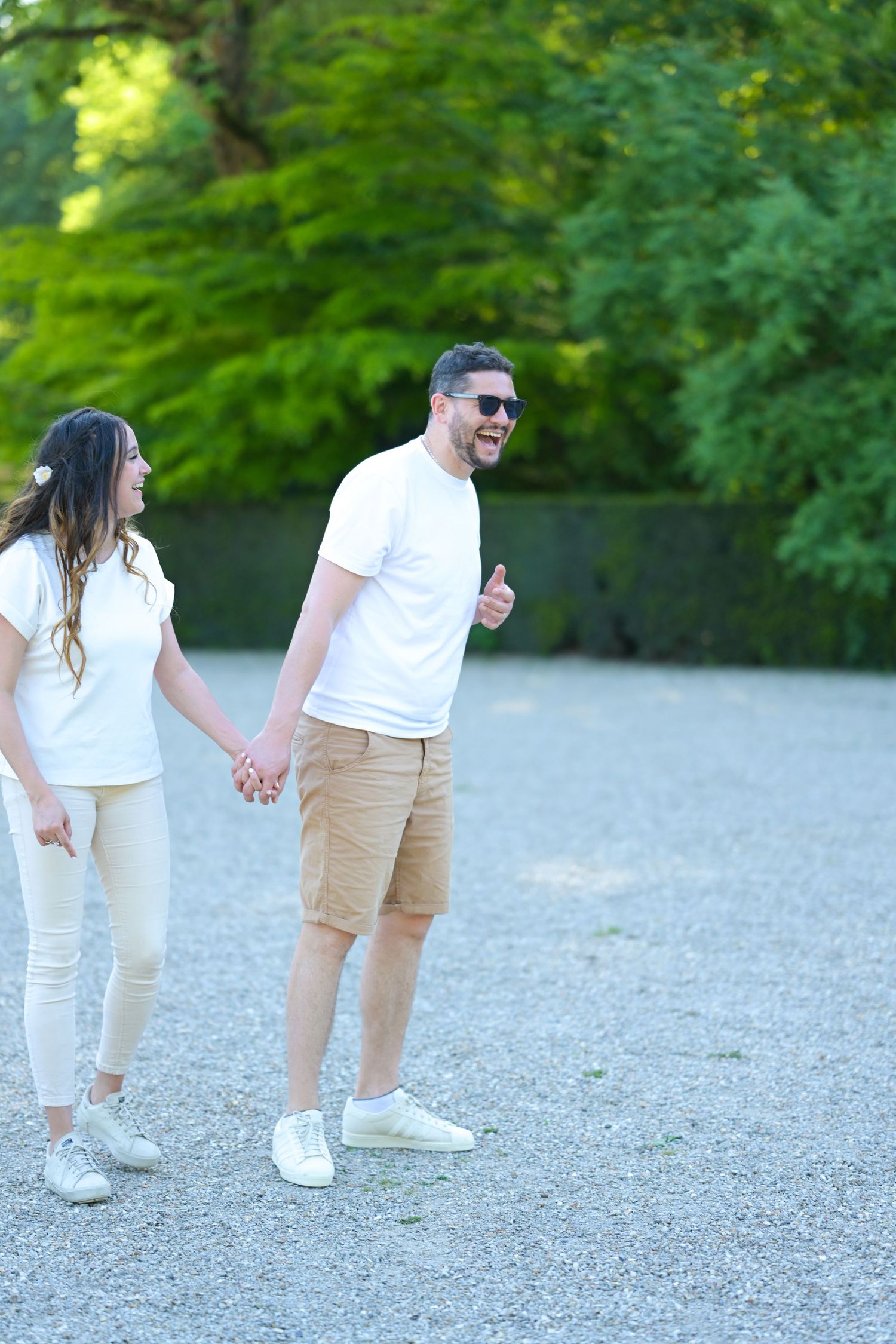Casual outdoor photo series showing legs and feet walking on gravel path.