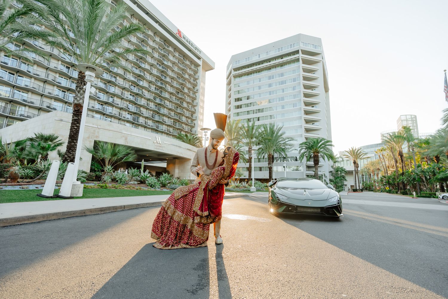 A series of six connected photos showing a person walking along a sidewalk near modern apartment buildings.