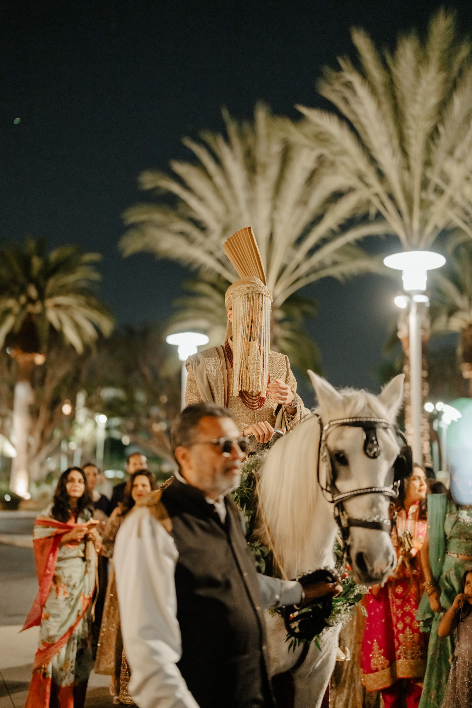 Guests celebrate at an outdoor evening event with palm trees and decorative lighting in the background.