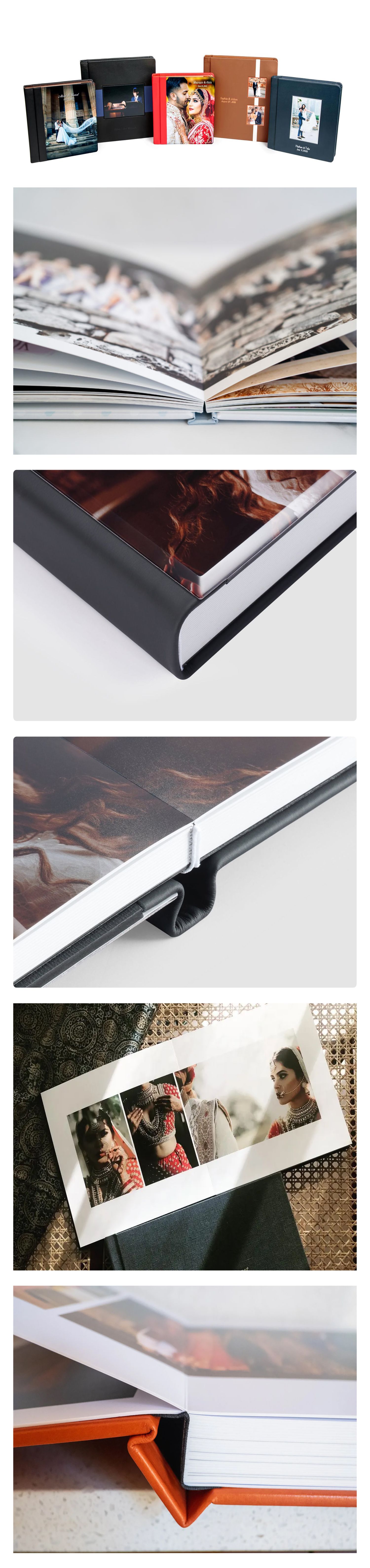 Professional photo album pages showing elegant layouts and high-quality printing with black and orange binding details.