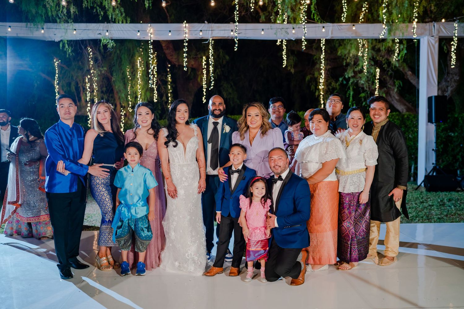 A collage of wedding celebration photos showing guests gathered at an outdoor evening reception.