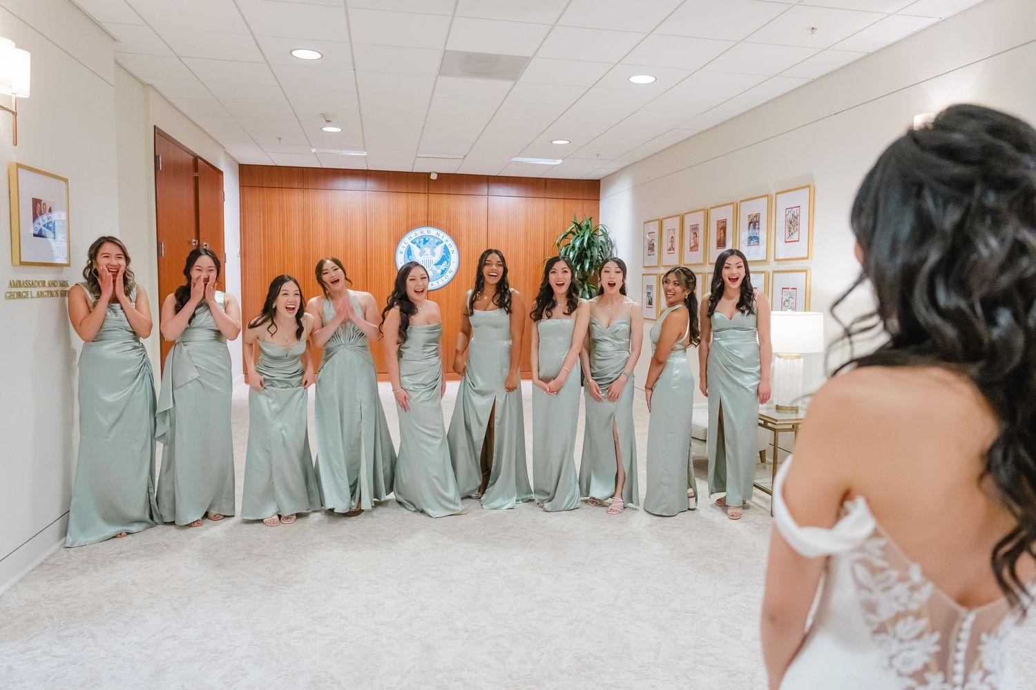 A panoramic collage of bridesmaids in sage green dresses posing together in a bridal suite hallway.