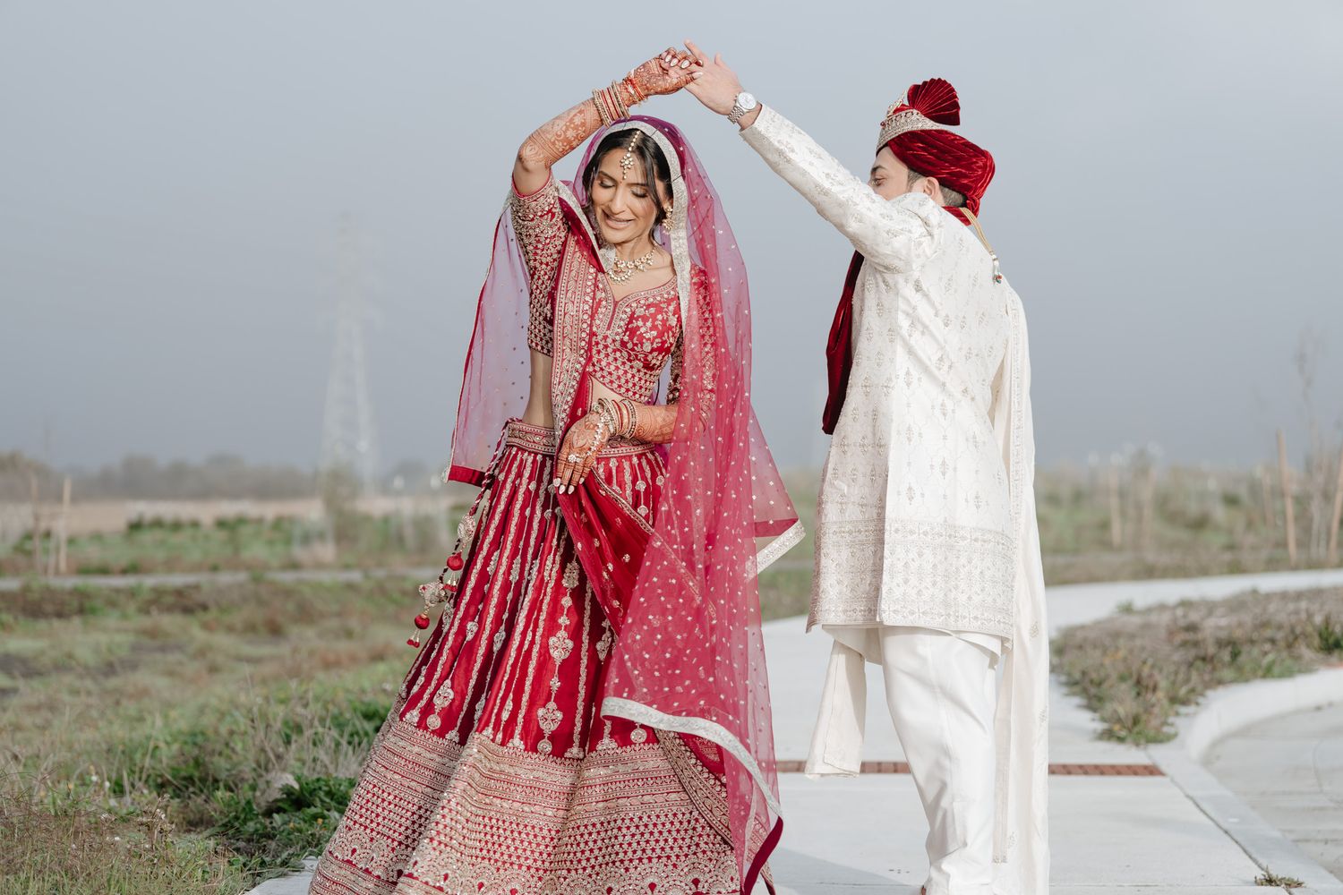 Outdoor wedding photography sequence showing traditional South Asian wedding attire.