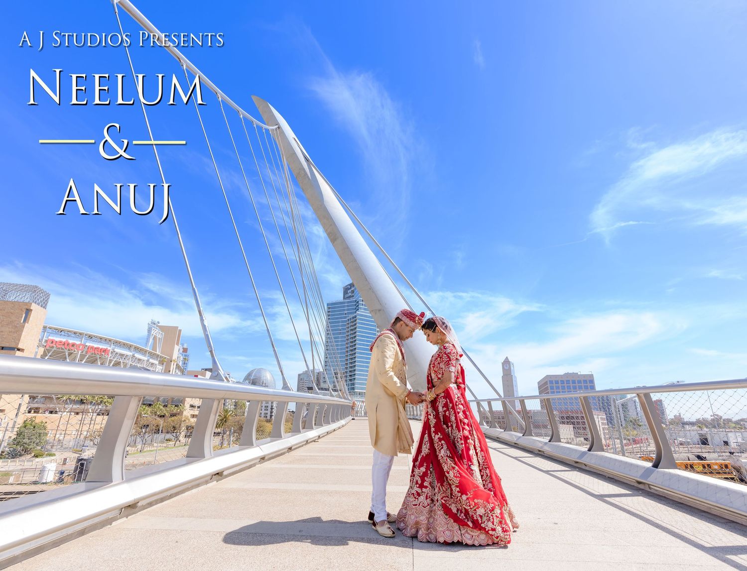 A collection of wedding photos showing a couple in traditional Indian attire posing on a bridge under blue skies.