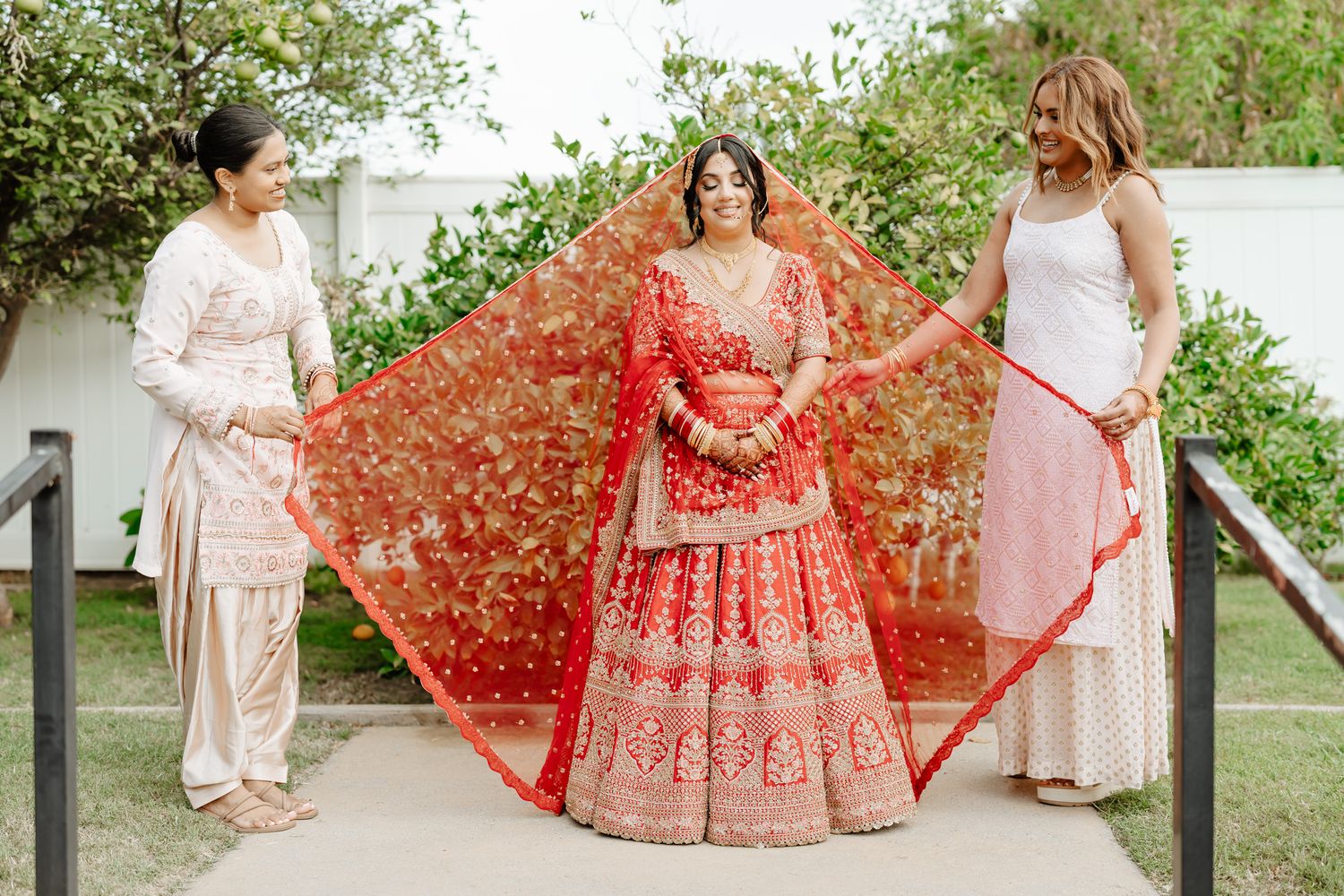 A collage of traditional South Asian wedding attire featuring red and white lehengas, dupattas, and formal ethnic wear.