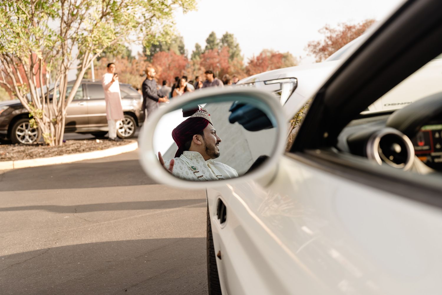 Series of car mirror reflections showing wedding day moments.