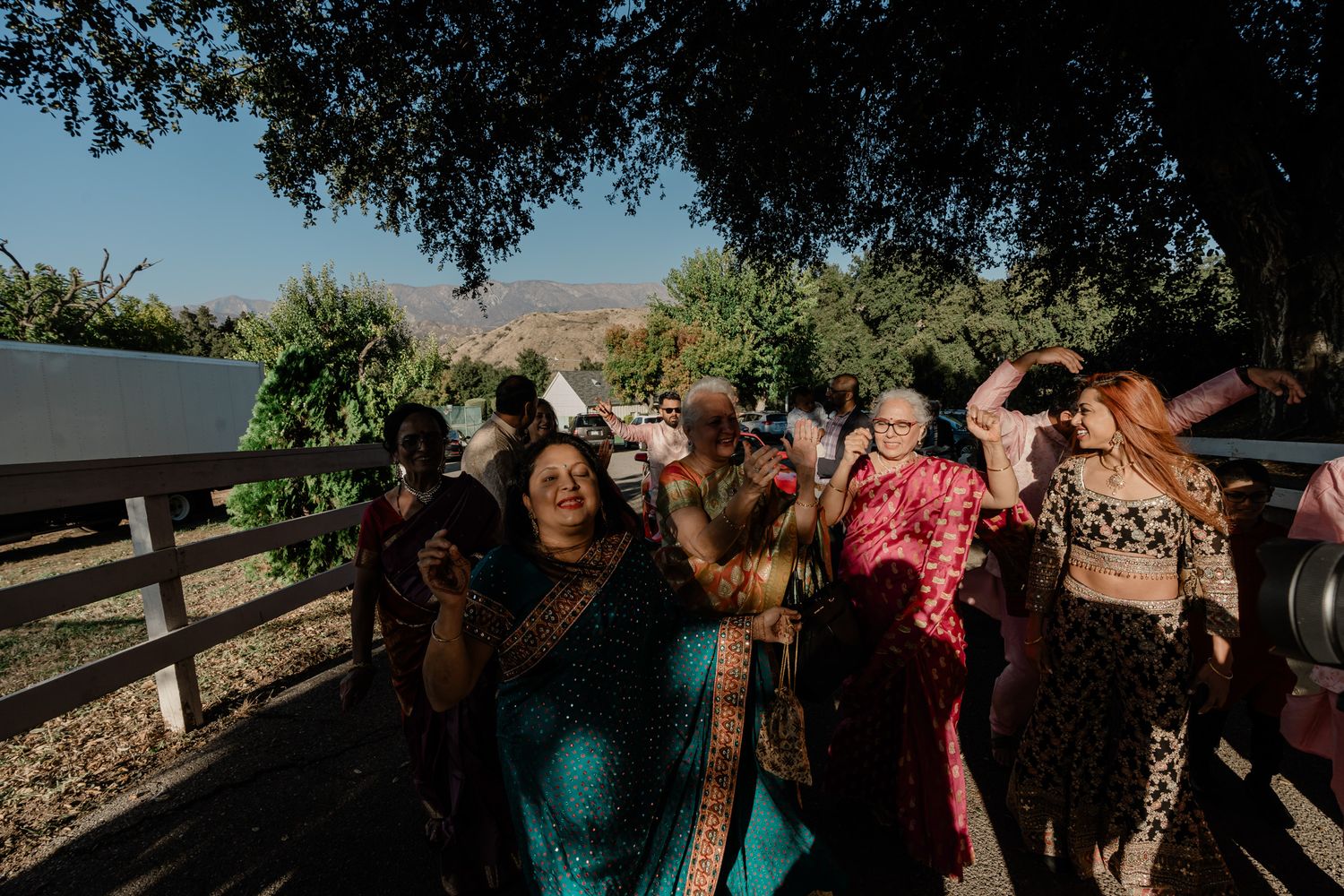 Wedding guests gathered outdoors under trees during a daytime celebration.