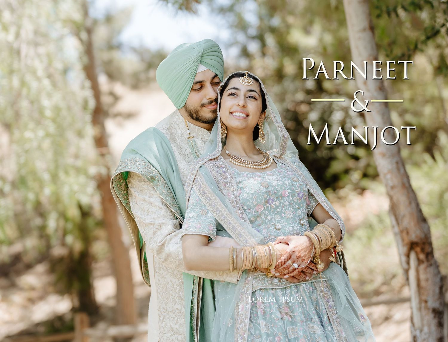 Parneet and Manjot posing together in traditional Punjabi wedding attire outdoors, bride in blue lehenga and groom in turban.