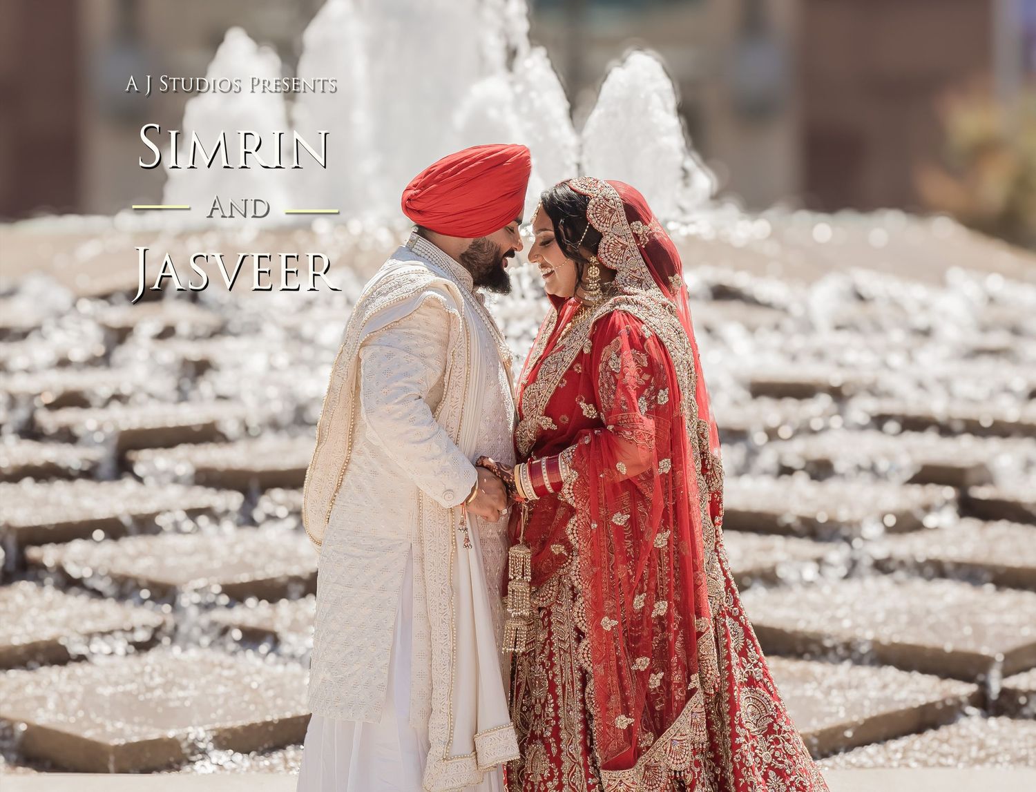 Couple in traditional South Asian wedding attire walking together on a stone path during their outdoor ceremony.