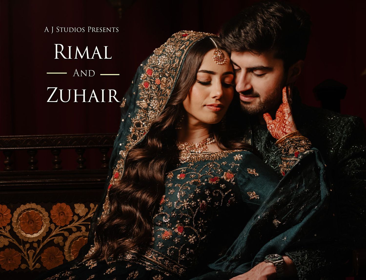 A romantic couple in traditional South Asian attire pose intimately during their wedding photoshoot.