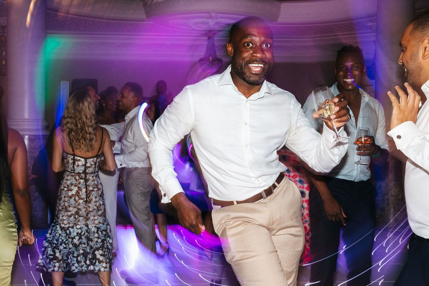 Dancefloor celebration at the London wedding reception.