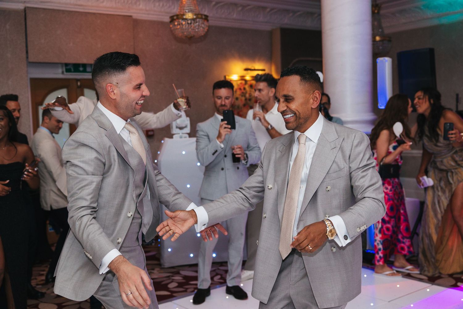 Dancefloor celebration at the London wedding reception.