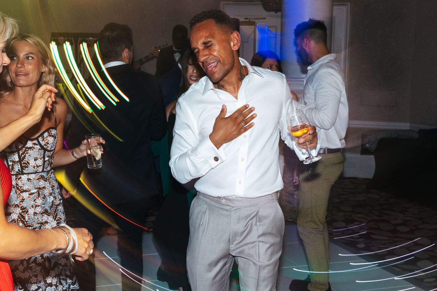Dancefloor celebration at the London wedding reception.