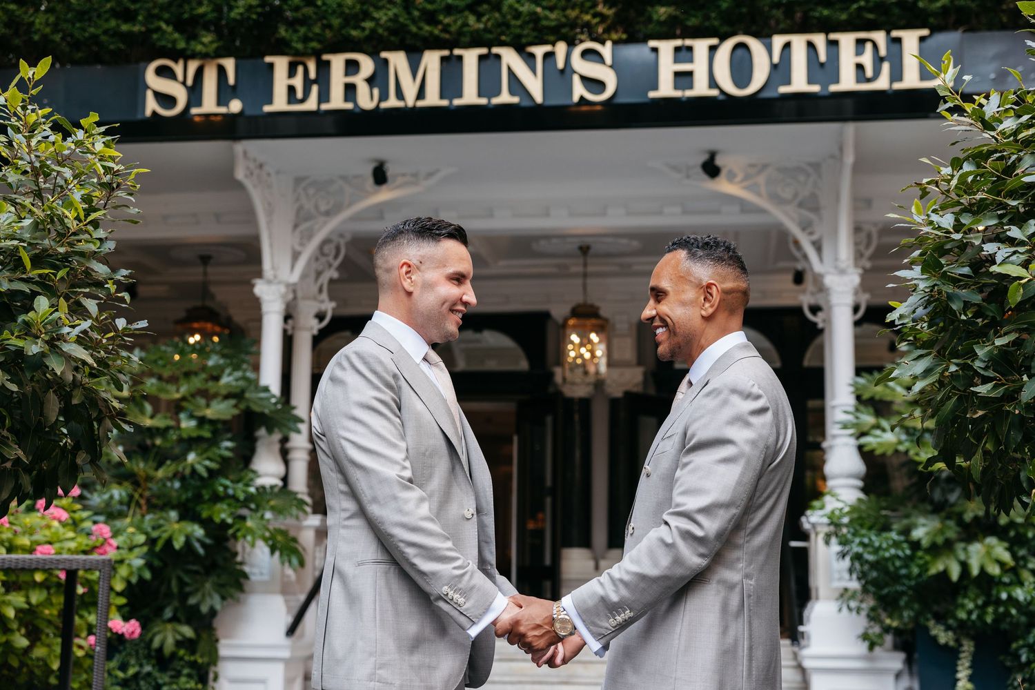 Couple portraits in the courtyard at St Ermin’s Hotel.