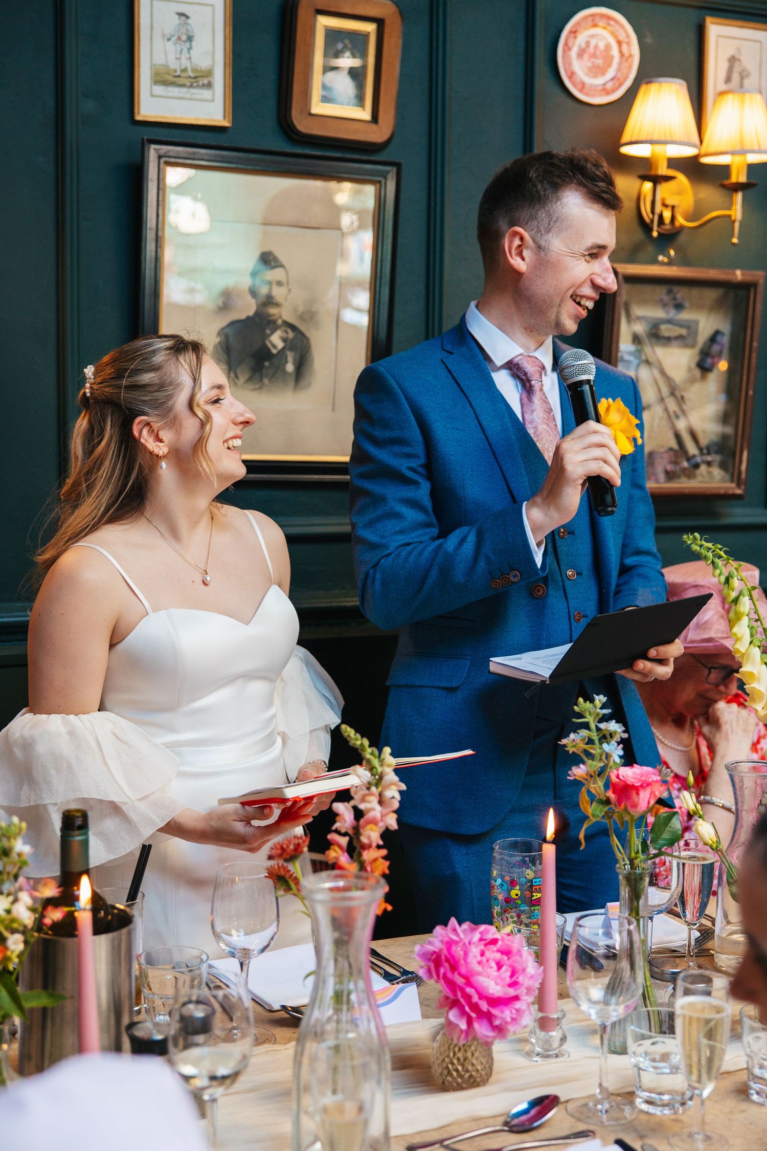 A wedding speech moment with happy tears and smiles.