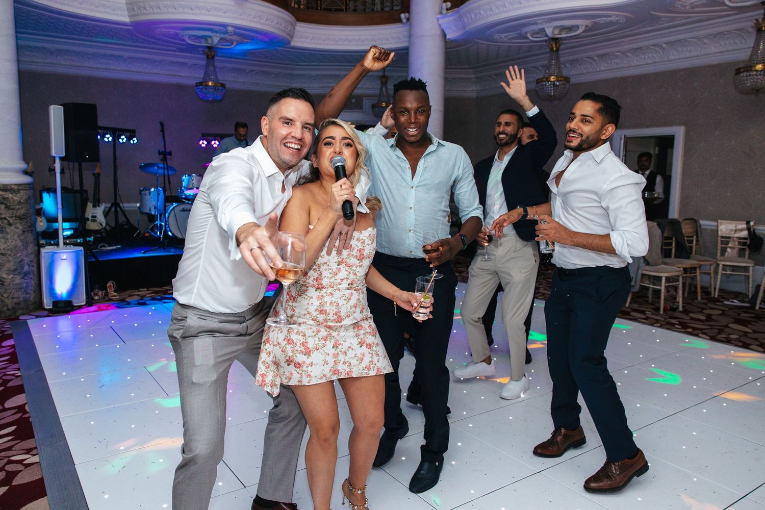 Dancefloor celebration at the London wedding reception.