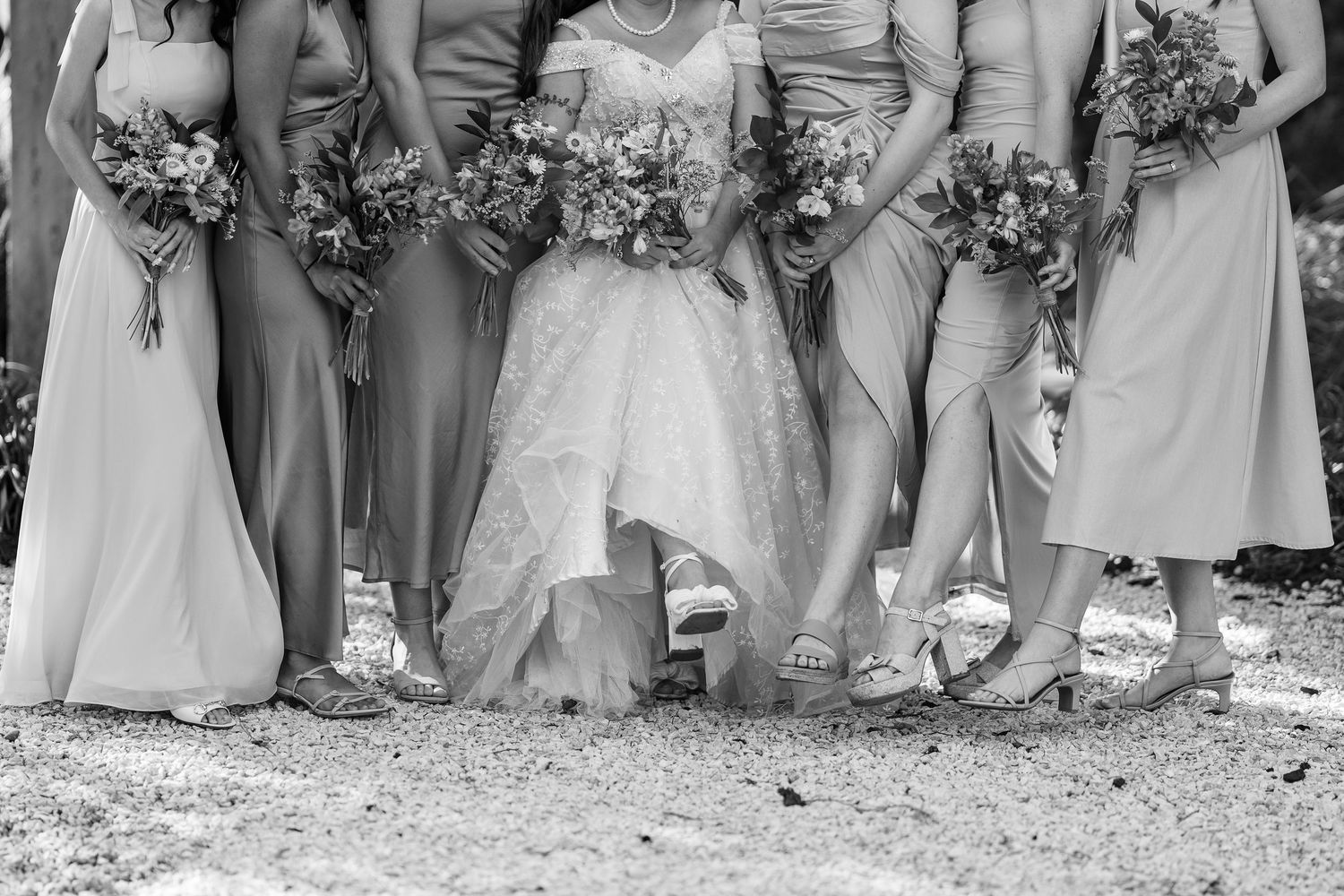 Wedding party lineup showing dresses in neutral tones against outdoor backdrop.