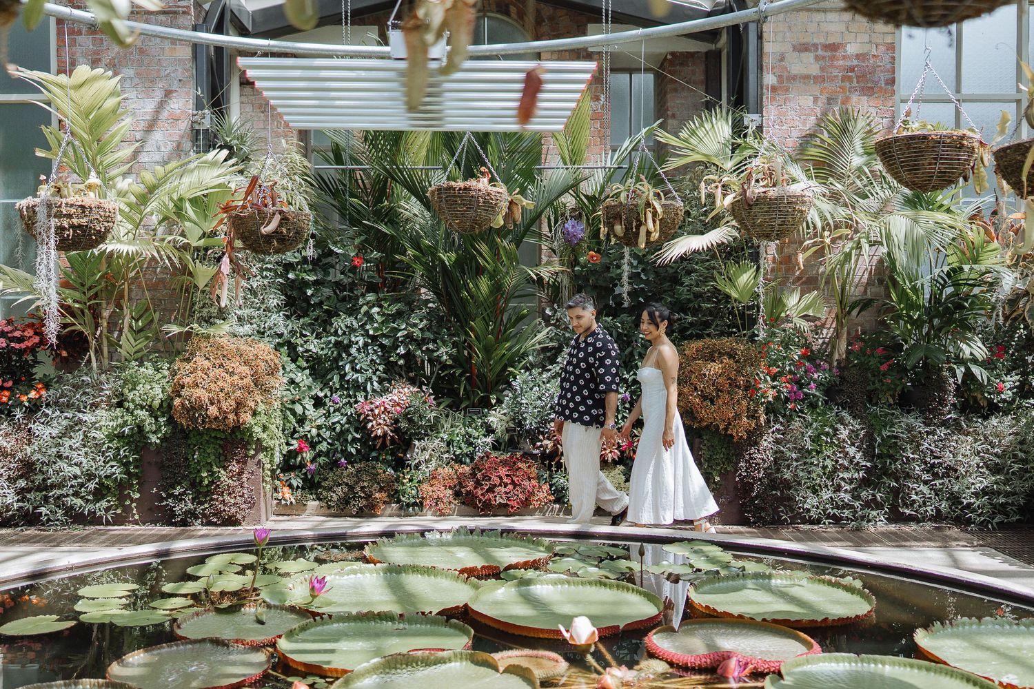 Wide view of a botanical garden interior with diverse plants and water features.