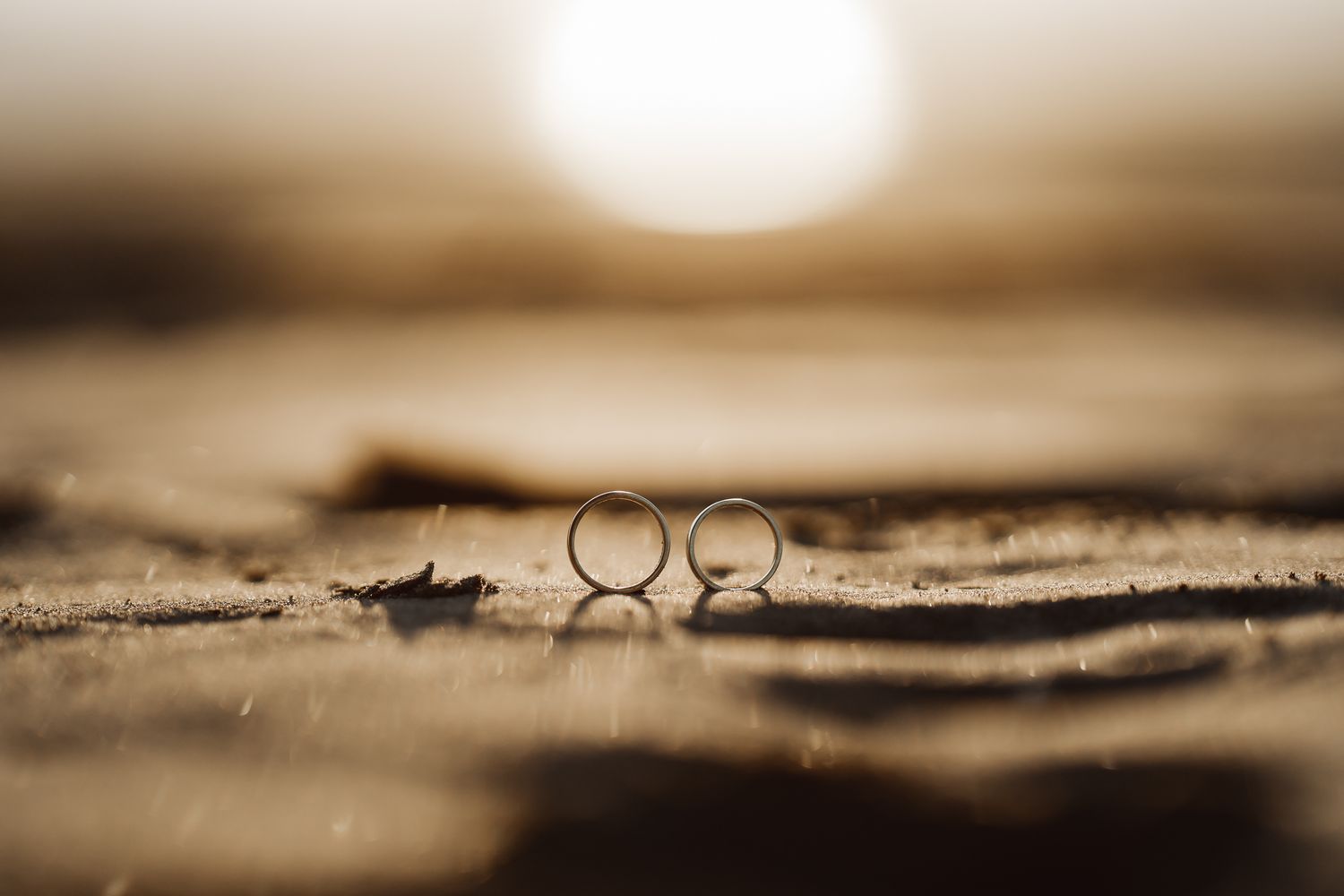 Wedding rings photographed in artistic silhouette against sunset background.