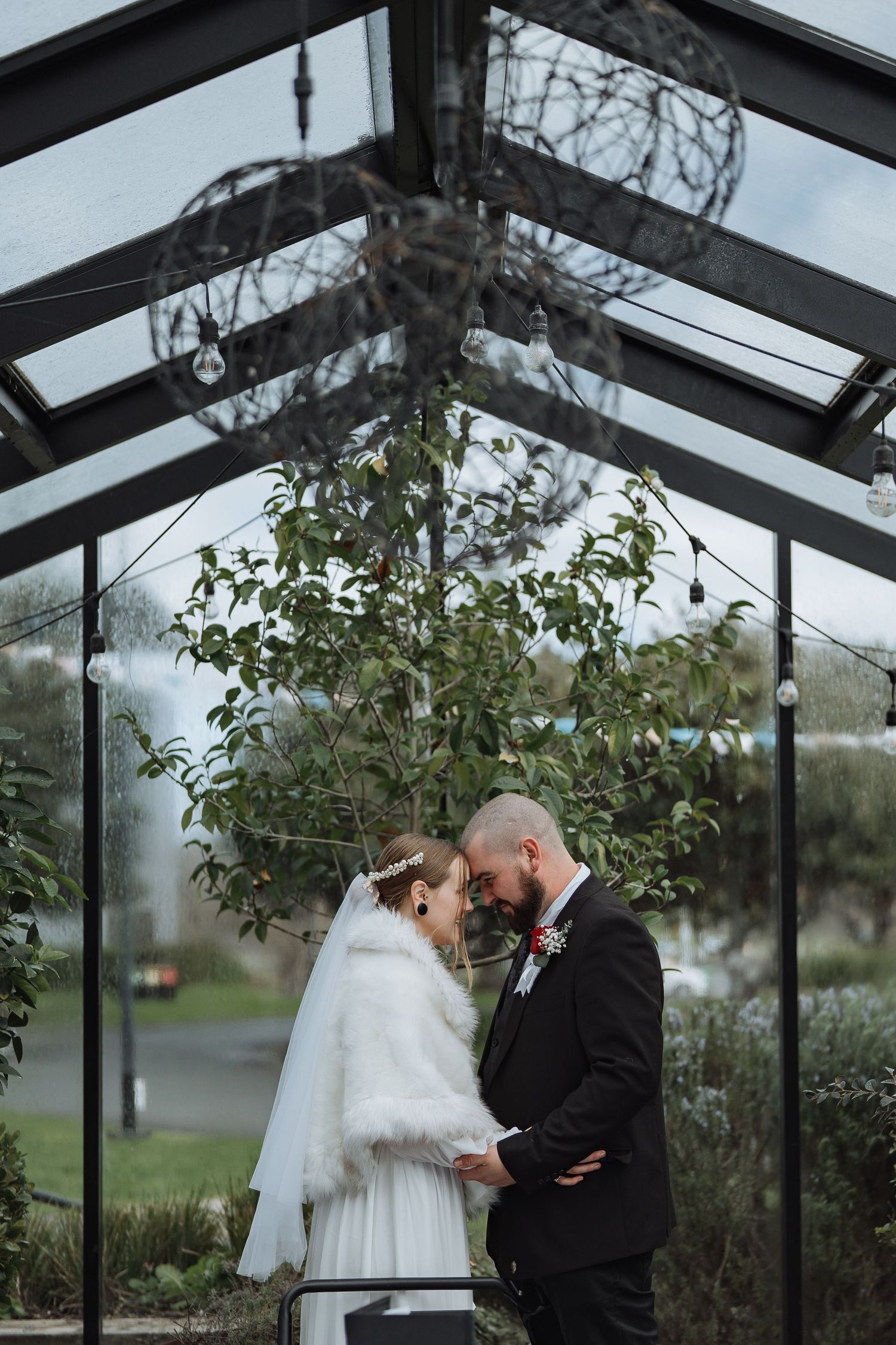 Wedding couple shares tender moment in glass conservatory with greenery.