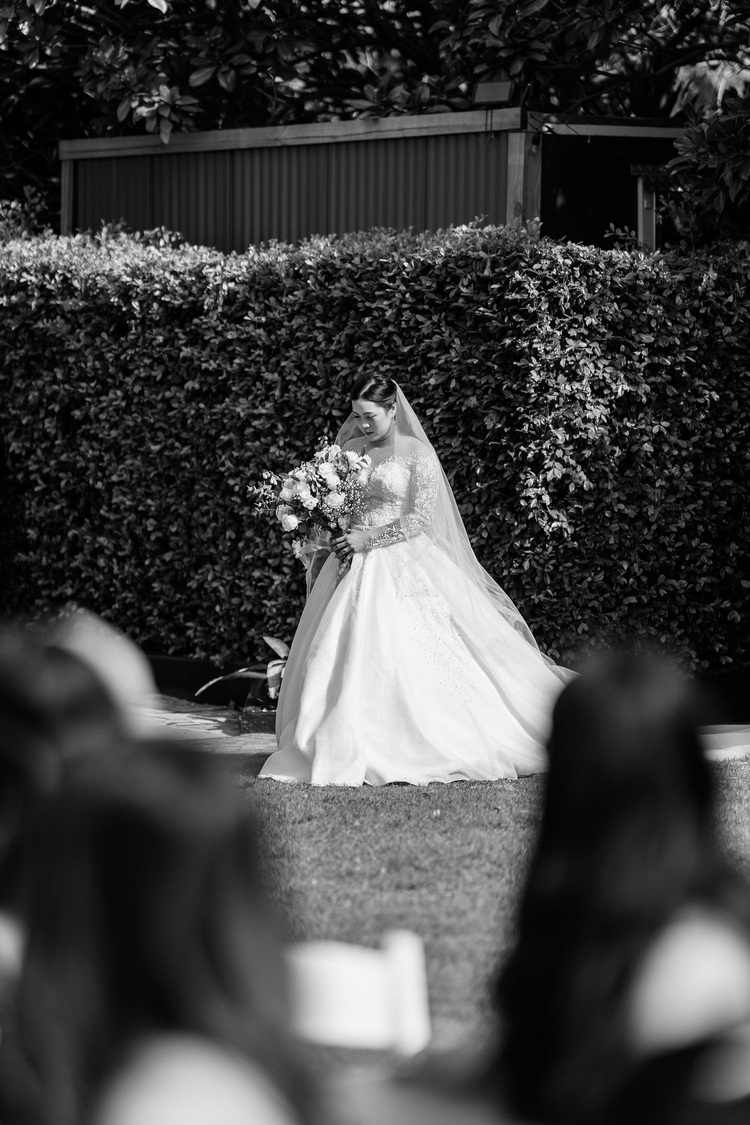 Wedding dress silhouette against garden greenery in black and white.