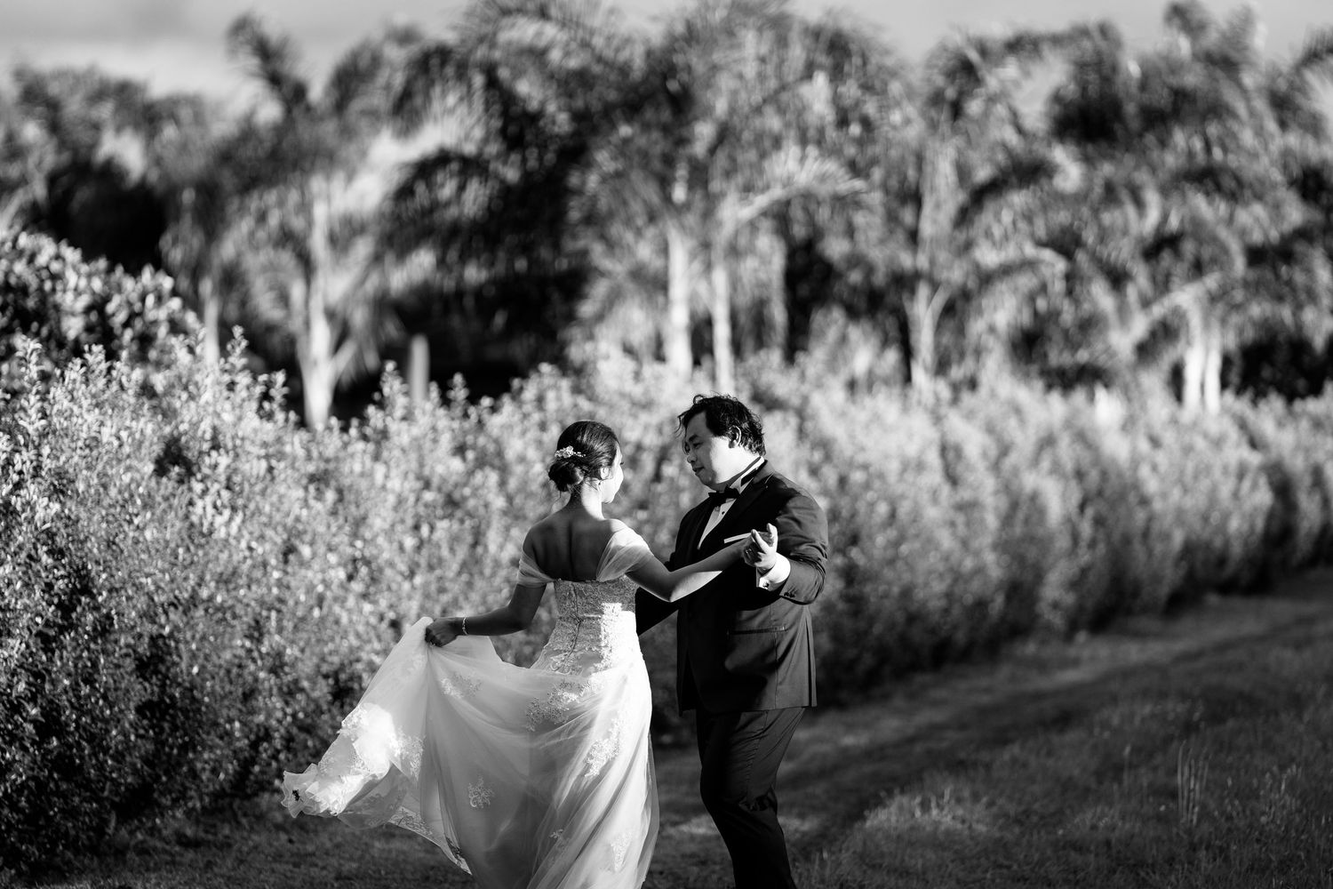 Black and white wedding portraits in a palm tree garden setting.