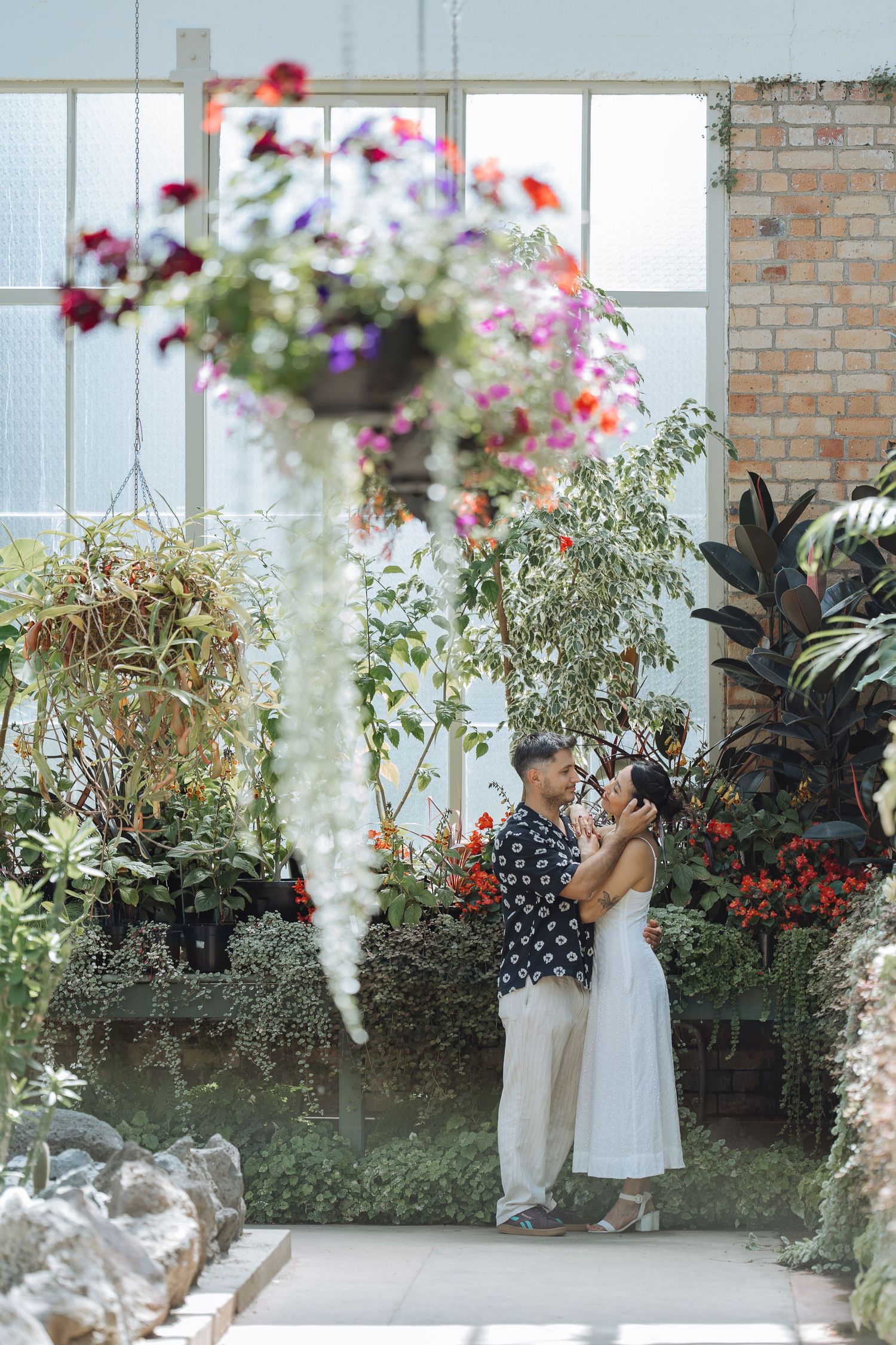Couple in contrasting outfits sharing romantic moment among flowering plants in conservatory.