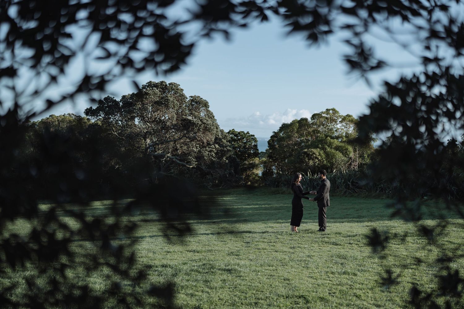 Two figures walking in a grassy field framed by tree branches.